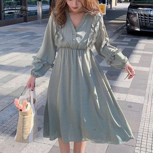 2021 New Korean Midi Long Chiffon Dresses Women Spring Dress Dot Print Dresses Sweet V-neck High Waist Dress Robe Mujer 13194
