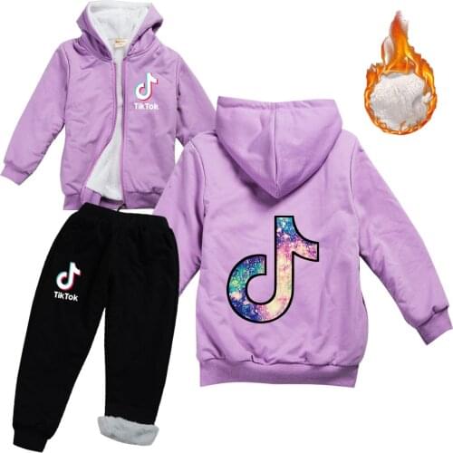 TIK TOK Winter kids jacket zipper wool line boy coat thick hat fur baby girl thick hoodie + cotton pants