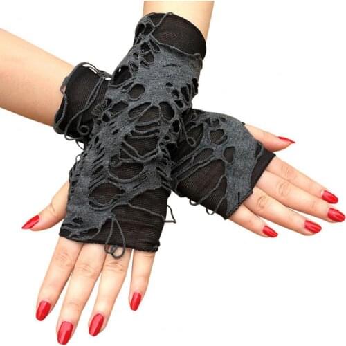 1 Pair Halloween Gloves Ripped Holes Fingerless Black Half Finger Punk Style Gloves Cosplay Accessories