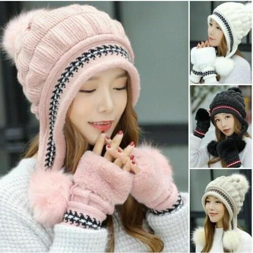 2pcs Thicken Warm Beanie Knitted Hat+Golves Set Winter Women Crochet Cap