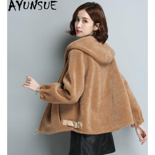 AYUNSUE 100% Wool Coat Female Sheep Shearling Fur Coats 2020 Winter Jacket Women Hooded Korean Long Jackets Manteau Femme MY4173