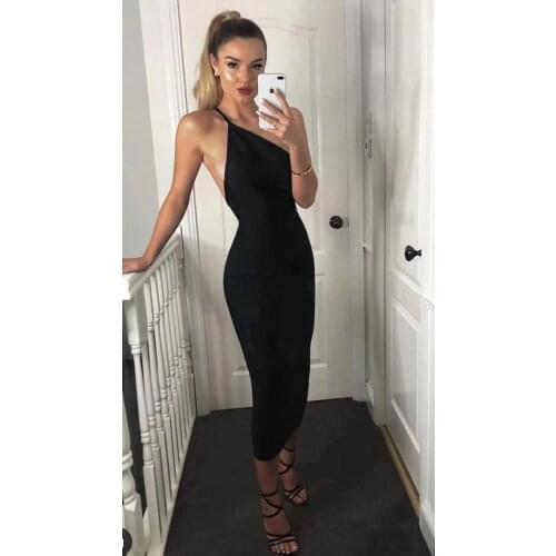 Bandage Dress 2020 New Black Orange Pink One Shoulder Sleevess Midi Dress Elegant Evening Party Wear Vintage Vestios Bandagem