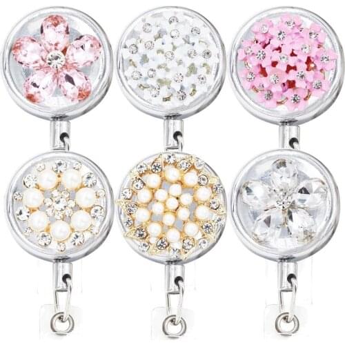 Bling Flowers Pearl Badge Reel ID Retractable Badge Holder Belt Clips Metal Heavy Duty Steel Wire Cord 3 Pack