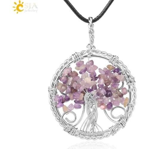 CSJA Tree of Life Pendant Necklace Natural Stone Silver Color Wire Wrap Quartz Crystal Chip Bead Flower Reiki Jewelry Women G786