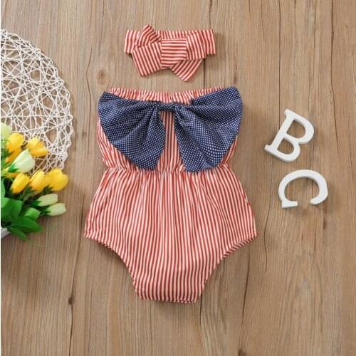 Summer Baby Romper Headband Kids Girls Striped Sleeveless Strapless Bodysuit Headwear Sunsuit 0-24 Months