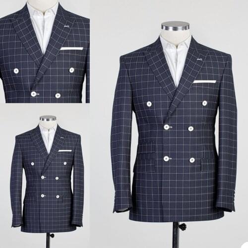 Double Breasted Plaid Suits High Quality Check Groom Wedding Blazer Suits Formal Business Prom Pants Coat Jacket 2 Pieces