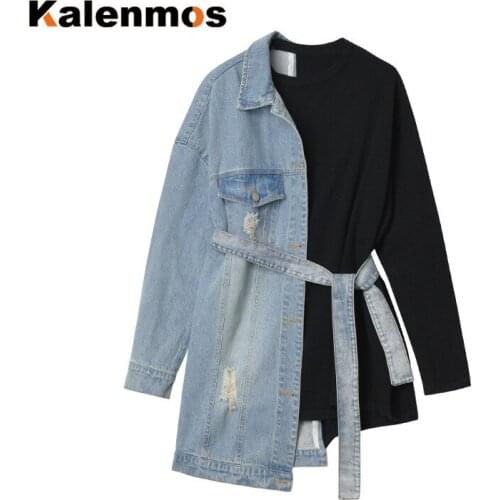 Plus Size Denim Jeans Patchwork Sweatshirts Women KALENMOS Autumn Winter Warm Top Pullovers Hoodie Lounge Tracksuit Streetwear