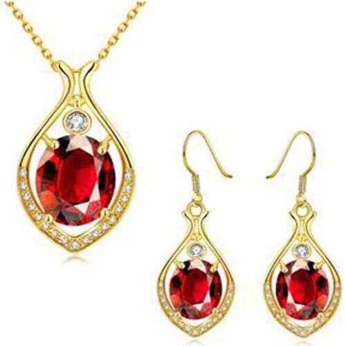 Garilina Cute jewelry Gold Red Cubic zirconia Pendant Earrings Party trinket Jewelry Sets for women S2029