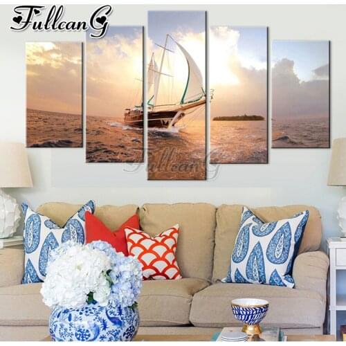 FULLCANG Sea sunset sailing scenery 5 piece diy diamond painting large full square round mosaic embroidery multi-picture FC3473