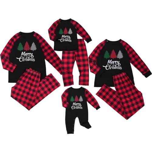 Fashion Family Parent-child Costume Christmas Tree Print Top and Plaid Elastic Trousers Two Piece Set