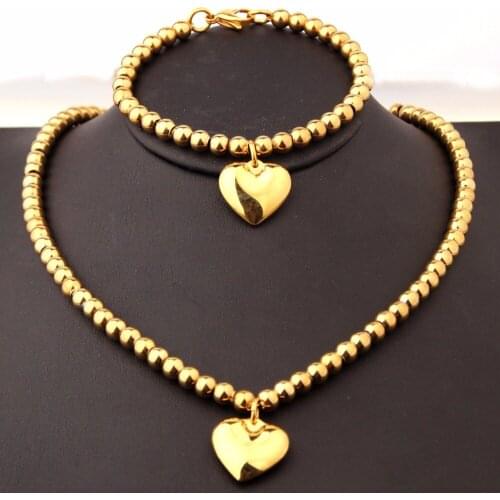 Cool Men Boy Stainless Steel Gold Tone Beads Round Rosary Chain Charm Heart Necklace&Bracelet Womens Jewelry Set