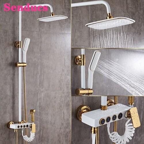 White Gold Shower Set Rainfall Shower Head Quality Brass Bathtub Mixer Tap Wall Mounted Hot Cold Bathroom Shower Mixer Set
