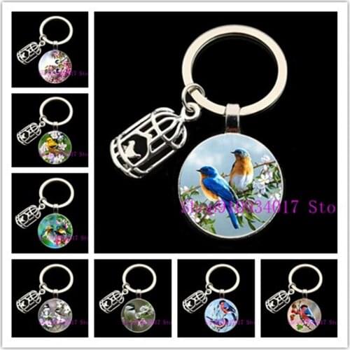 New creative bird cage alloy pendant keychain cute animal bird round glass keychain ladies and children fashion gift keychain