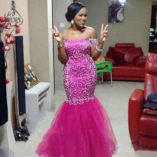 Dazzling Silver Beads Mermaid Prom Dresses 2019 Hot Pink Tulle Plus Size African Black Women Long Evening Dress Pageant Gowns
