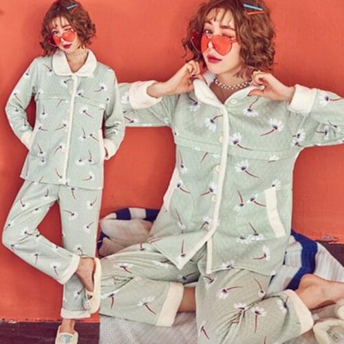 Maternity Extra Thick Cotton Pajamas Set Cardigan+Trousers Pregnant Women Nursing Bedgown Set Turn-down Collar Nightgown