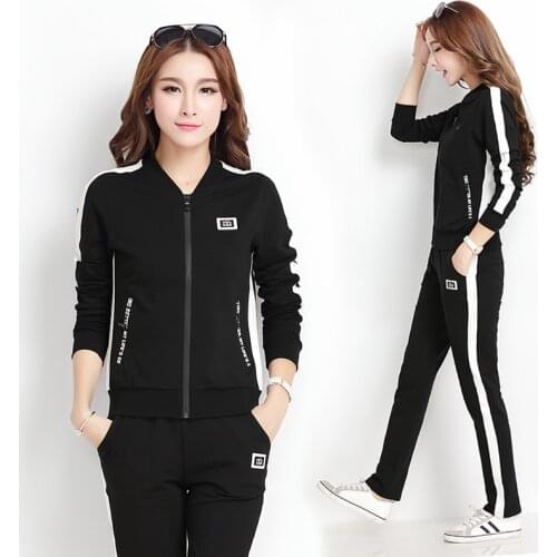Casual 2 Pieces Set Tracksuit O-Neck Zipper Long Sleeve Tops and Long Pants Set Ladies Outfits Cotton Sportswear Female M-3XL