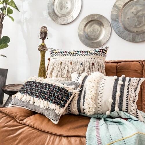 Handmade India Morocco Knitting Woven Pillow Cushion Cover Nordic Boho Bohemia tassels Lumbar throw pillow cover 50X50cm