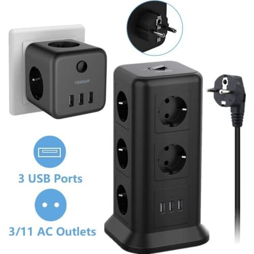 EU KR Plug Power Strip Tower Socket with 3 USB Ports and 11 Outlet Extender Multi Chargers with 2M Extension Cable Power Adaptor