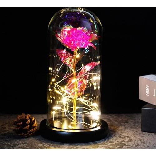 Beauty and the Beast Rose LED Light Dome on a Wooden Base for Interior Decoration Anniversary Wedding Valentines Mothers Day