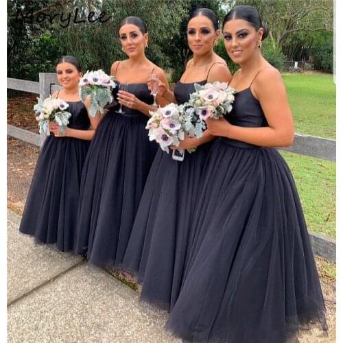 Dark Navy Bridesmaid Dresses With Zipper Back Scoop Spaghetti Straps A-Line Floor Length Soft Tulle Wedding Party Dresses