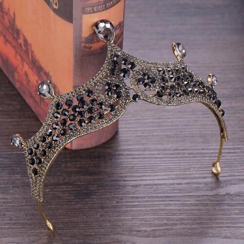 FORSEVEN Retro Baroque Style Black Crystal Tiaras and Crowns de Noiva Diadem Bride Headbands Women Wedding Party Hair Jewelry