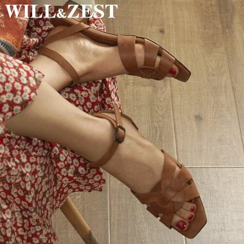 WILL&ZEST Slippers Women Sandals Chunky Low Heels Leather Gladiator Luxury Square Open Toe Summer Female Shoes Black Slip-ons