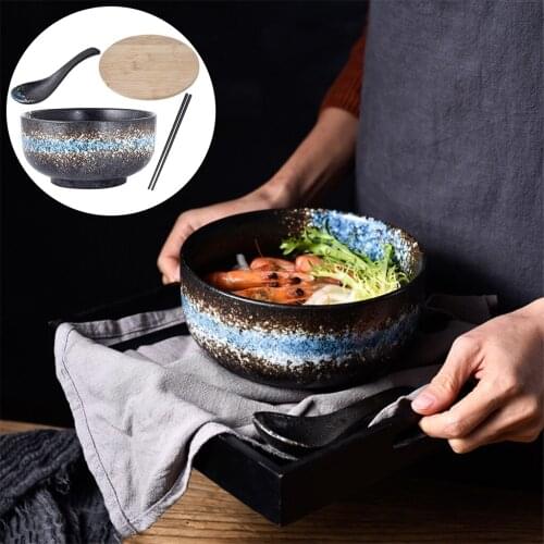 Japanese Ceramic Bowl Soup Bowl with Spoon and Chopsticks Soup Bowl Restaurant Bowl for Pasta, Fruit, Noodle Salad