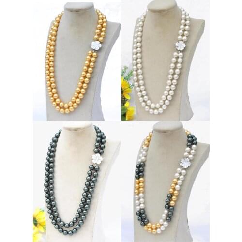Z11396 2Row 25" 12mm Round White Black Gold South Sea Shell Pearl Necklace