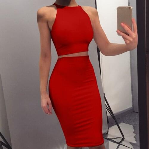 Summer New Sexy Casual Womens Wear Black Red Blue Neck Collar Sleeveless and Knee Skirt Two-Piece Suit