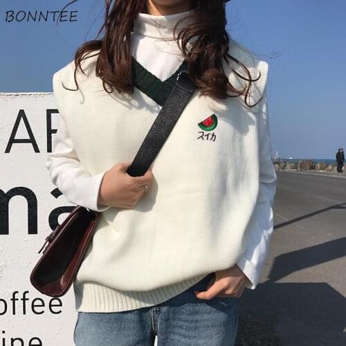Sweater Vest Women Sleeveless Trendy V-Neck Student Embroidery Patchwork All-match Popular Feminino Simple Sweet Knitting Kawaii