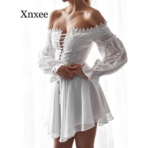 New Summer Women Dress Sexy Lace Off Shoulder Hollow Out Party A-Line Club Bandage Mini vestido white slash neck long sleeve