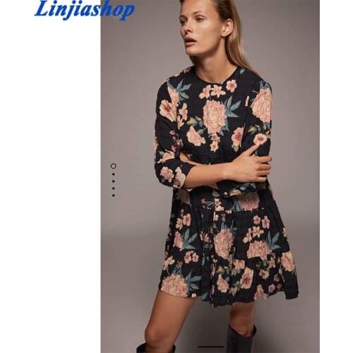 New Women Vintage O Neck Flower Print Pleat Ruffles Plus Size Mini Dress Female Three Quarter Sleeve Casual Business Vestido