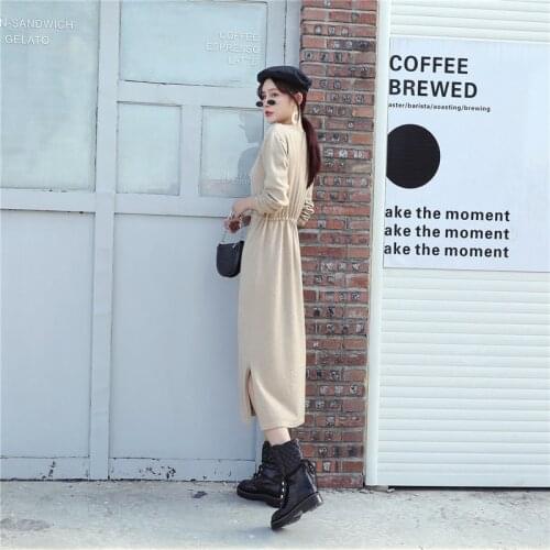 WWENN Winter Knit Long Dress Women Fashion O-Neck Slim Bodycon Sweater Dresses Office Lady THICK Autumn Dress Slit With Belt