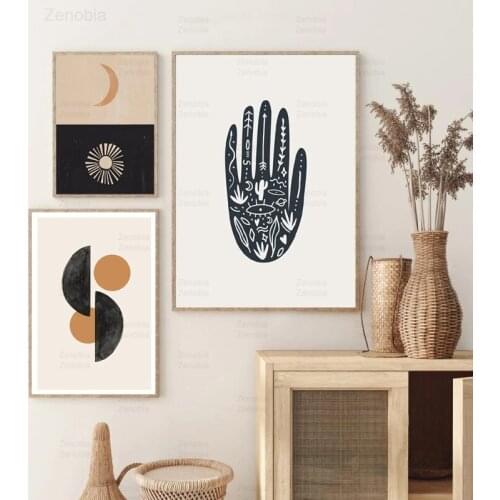 Abstract Geometric Boho Poster Shape Prints Sun Moon Hand Modern Mid Century Wall Art Picture Canvas Painting Living Room Decor