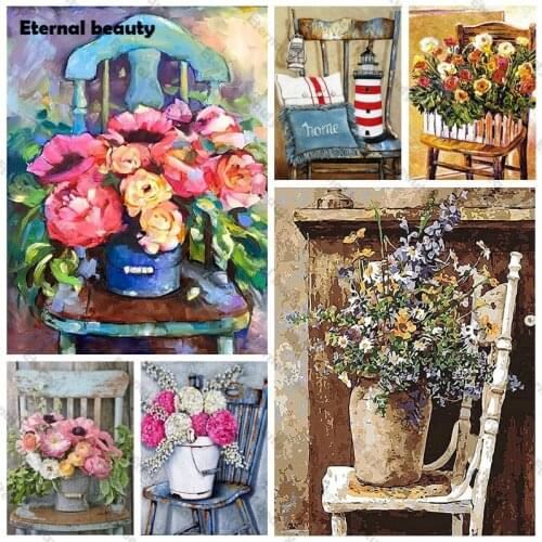 Retro Style Diamond Painting Flowera On The Chair Full Square/round Drill Picture Diamond Embroidery Cross Stitch Diy Home Decor