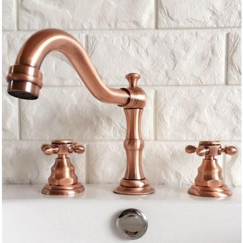 Antique Red Copper Double Cross Handle Deck-Mount 3 Hole Widespread Bathroom Lavatory Bathtub Basin Faucet Sink Mixer Tap drg041