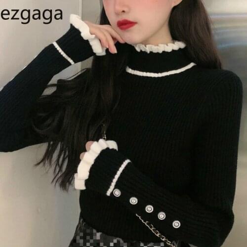 Ezgaga Basic Sweater Pullover Women Winter 2020 Korean Turtleneck Vintage Patchwork Ruffles Button Sweet Base Knit Tops Fashion
