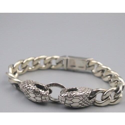 Pure 925 Sterling Silver Bangle 12.5mm Double Snake Head Curb Link Chain Bracelet Men Lucky Gift 59g / 20cm