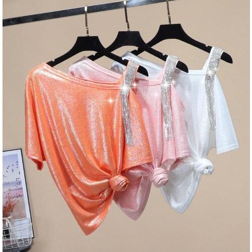 Short-Sleeved T-shirt Womens New Summer Fashion Temperament Off-Shoulder Diamond Tassel Tshirt Top Womens Loose T-shirt T