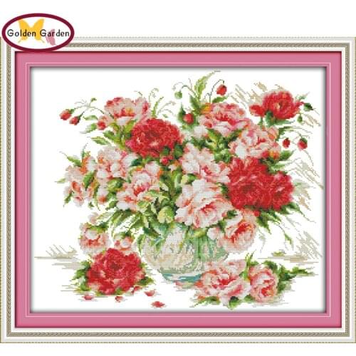 GG Rose Vase Oil Painting Stamped Cross Stitch Pattern DIY Kit Needlework Embroidery Sets Joy Sunday Cross Stitch for Home Decor