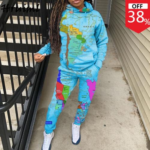 Two Piece Outfits Womens Sweat Suits Map Print Long Sleeve Hooded Pocket Tops & Pencil Pants Sets Casual Sportswear Plus Size