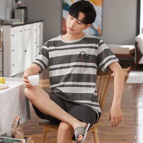 Summer Cotton Cartoon Printing Mens Pajamas Set Fashion Gray Striped Sleepwear Casual Plus Size O-Neck Short Sleeve Homewear
