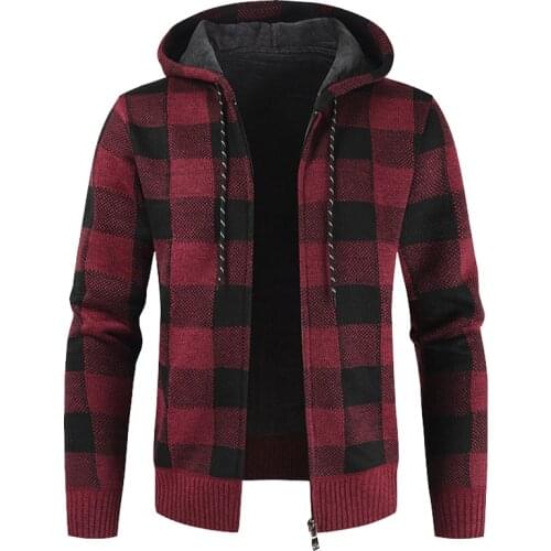 Mens Winter Hooded Fleece Sweatercoat Stitching Long sleeve Male Casual Plaid Streetwear Harajuku Thicken Cardigan Sweaters