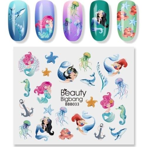 BeautyBigBang Nail Art Stickers 2pcs Mermaid Hippocampus Sea Star Image Manicure Water Decal Nails Sticker Art Decoration BBB033