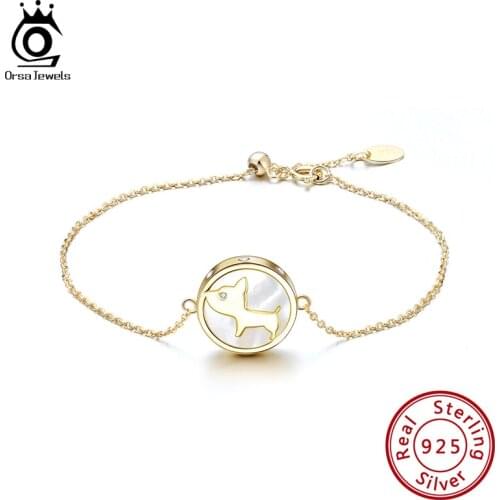 ORSA JEWELS 925 Sterling Silver Charm Bracelets For Women Double Layer Mother of Pearl Cute Puppy Charm Women Jewelry Gift EQB10