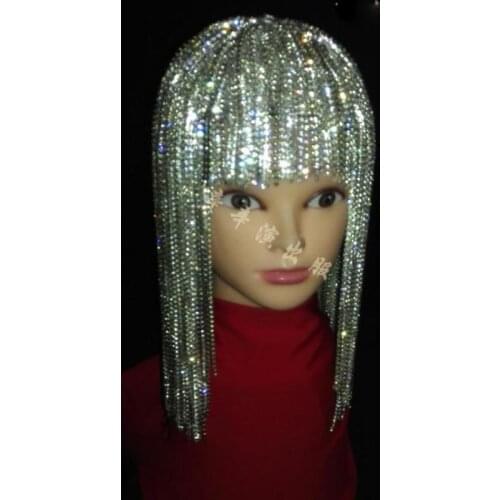 Nightclub Bar DS DJ Female Singer Dance Show GoGo Full Rhinestone Tassel Wig Headwear Flash Drill Hat DWY2635