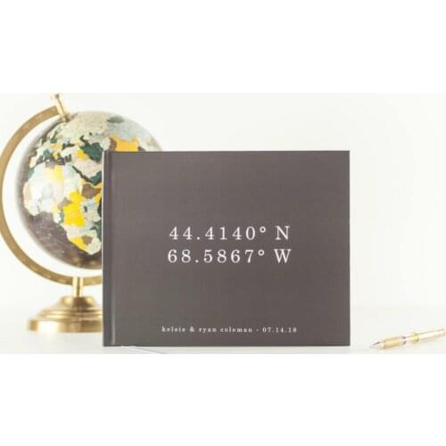 Personalize foil gold horizontal landscape wedding guestbook sign in book modern guest book Booth Photo Guest Book Coordinates