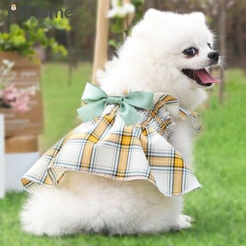Miflame Bowknot Dog Princess Dress Plaid Puppy Clothes Sweet Small Dogs Weardress Pomeranian Spitz Dress Ruffle Pets Fancy Dress