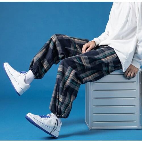 Mens Streetwear Plaid Casual Harem Pants Man Joggers 2021 Loose Ankle-Length Trousers Harajuku New Male Clothing