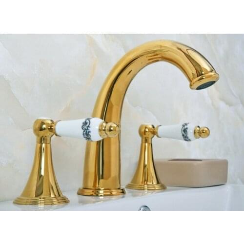 Deck Mounted 3 Holes Bath Tub Mixer Tap Gold Color Polished Brass Widespread 2 Handles bathroom basin Faucet agf023